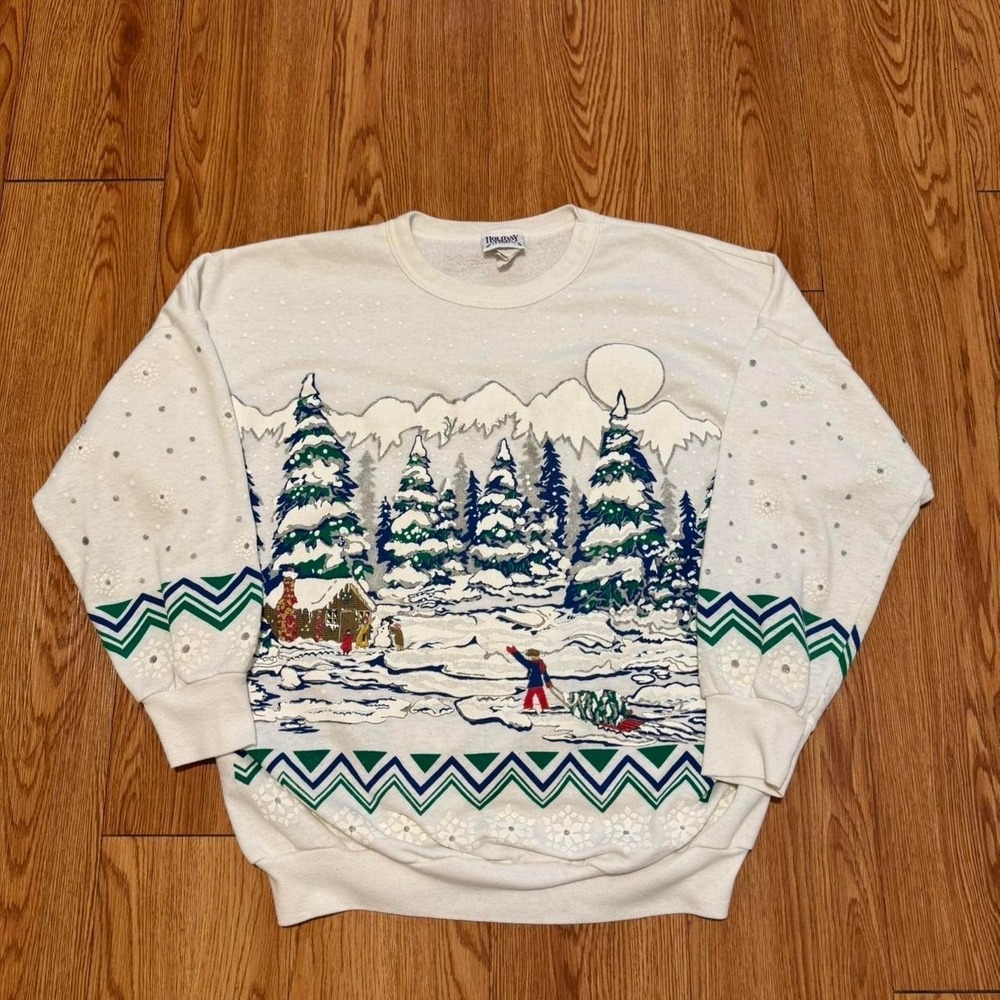 Vintage Men's Sweatshirt Winter Wonderland Snow Holiday Nature White Measure L - Picture 2 of 7